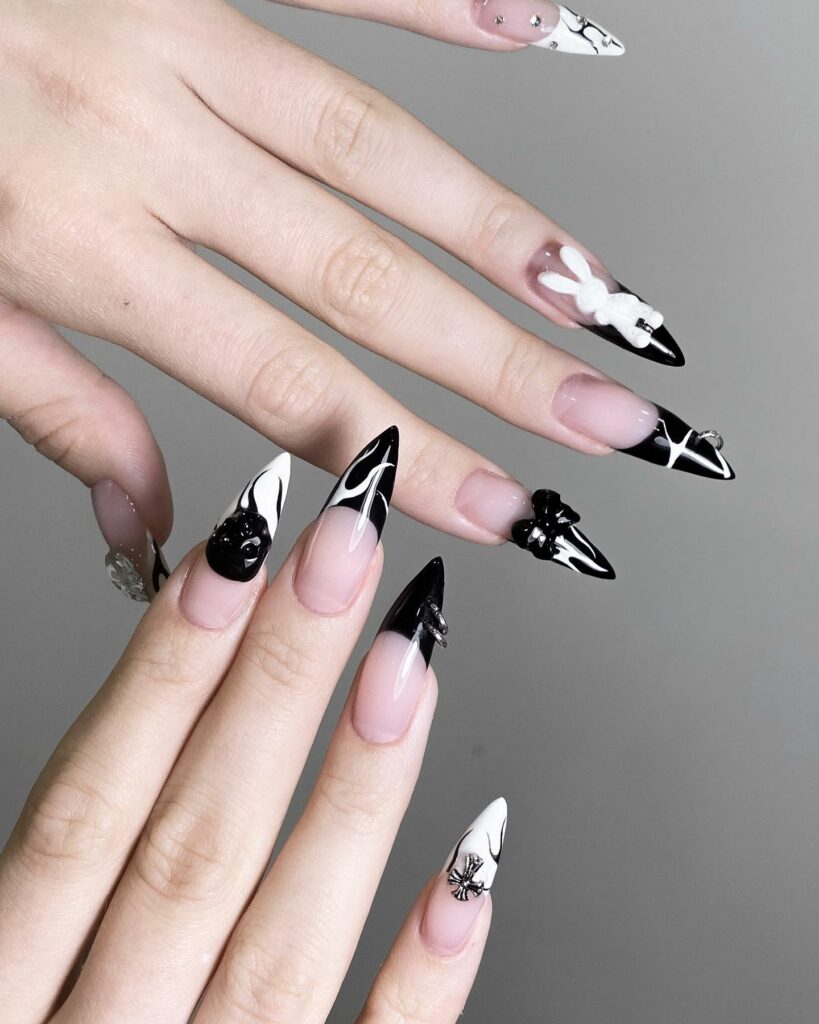 40 Latest Black Stiletto Nail Ideas To Try In 2024! 37 Black And White Stiletto Witch Nails