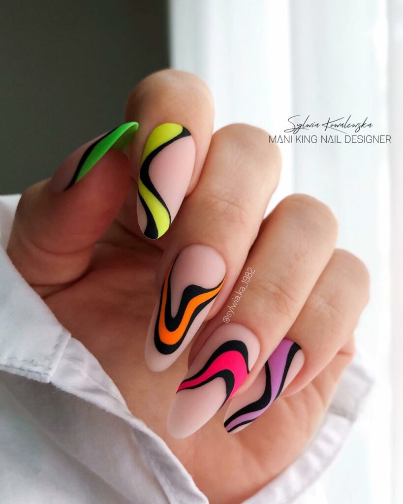 20 Latest Negative Space Nail Ideas To Try In 2024! 11 Matte Negative Space Nails With Colorful Design