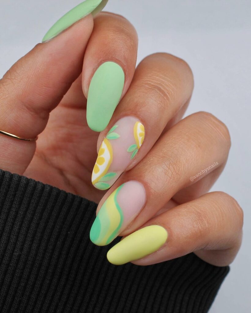 Abstract Matte Lemon Almond Nails