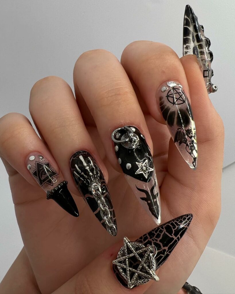 Express Yourself with 30 Emo Nail Designs in 2024 10 Stiletto Emo Nails With Pentagram Design