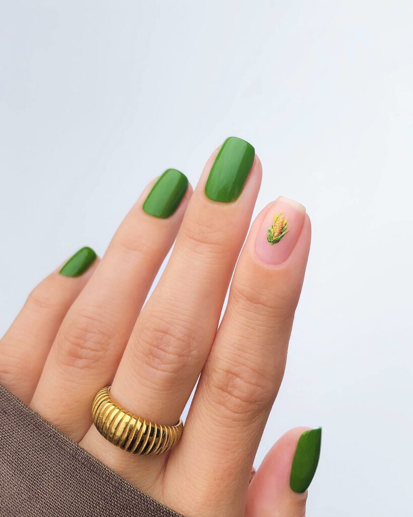 25 Latest Accent Nail Designs To Try In 2024! 34 Green Accent Nails With Cute Corn Design