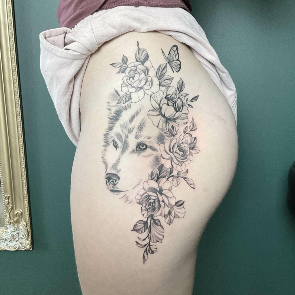 11+ Rose Hip Tattoo Ideas That Will Blow Your Mind! 12 Rose, Wolf, And Butterfly Hip Tattoo