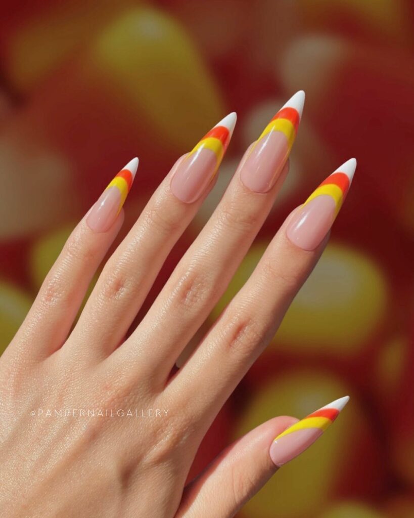 20 Latest Candy Corn Nail Design To Try In 2024! 13 Candy Corn Stiletto Nails
