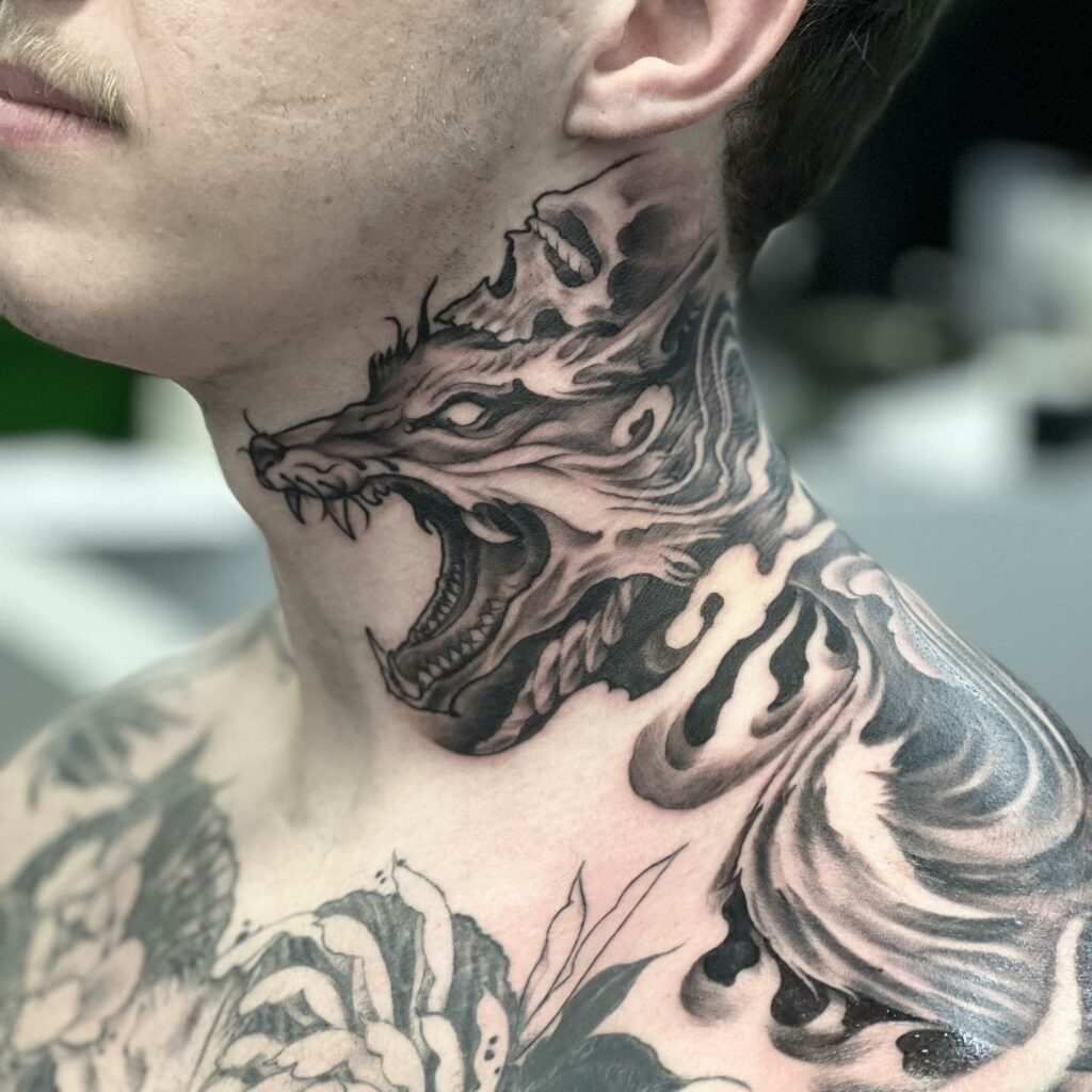 90 Latest Neck Tattoo Ideas To Inspire You In 2024! 42 The Loyal Wolf Neck Masterpiece