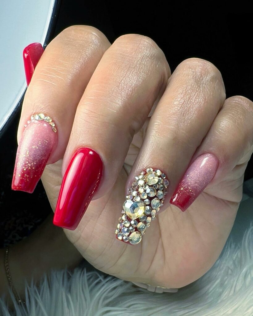 Go Bold with 40 Red Coffin Nail Designs in 2024 41 Red Ombre Coffin Nail With Rhinestones
