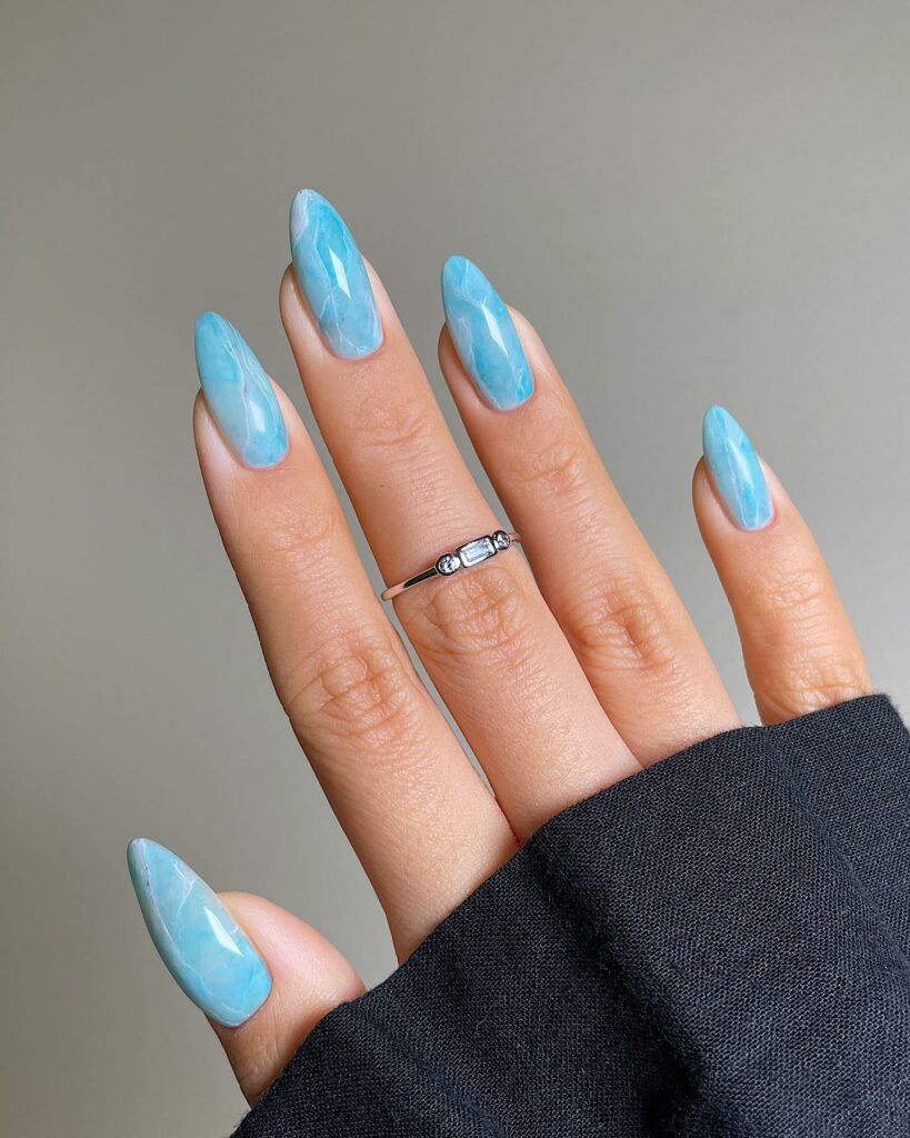20 Latest Blue Almond Nails Ideas To Try In 2024! 26 Light Blue Marble Almond Nails