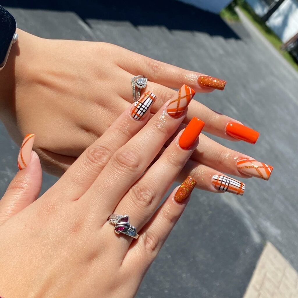 29 LATEST PLAID NAIL DESIGNS TO TRY IN 2024! 24 Orange Plaid Nails With Glitters