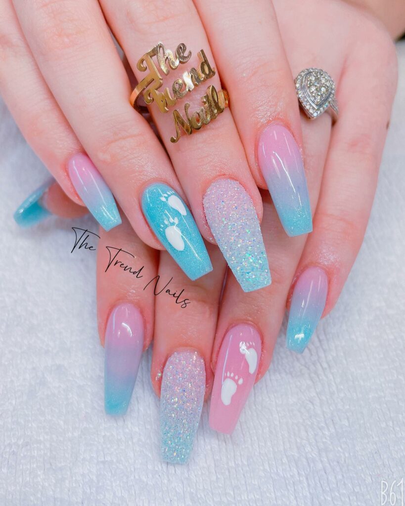 20 Latest Gender Reveal Nail Ideas To Try In 2024! 15 Gender Reveal Coffin Ombre Nails With Glitter