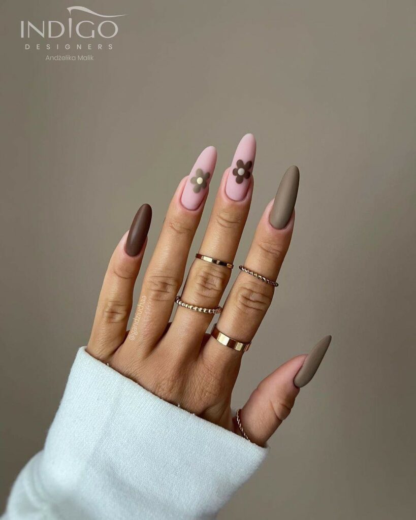 44 Latest Matte Brown Nail Ideas To Try In 2024! 20 Matte Brown Long Almond Nails With Daisies