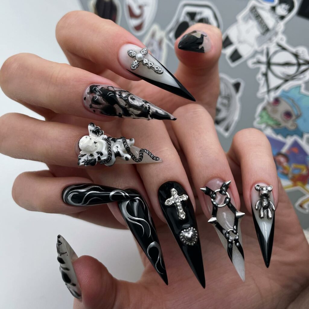 25 Latest Gothic Nail Ideas To Try In 2024! 22 White And Black Gothic Nails