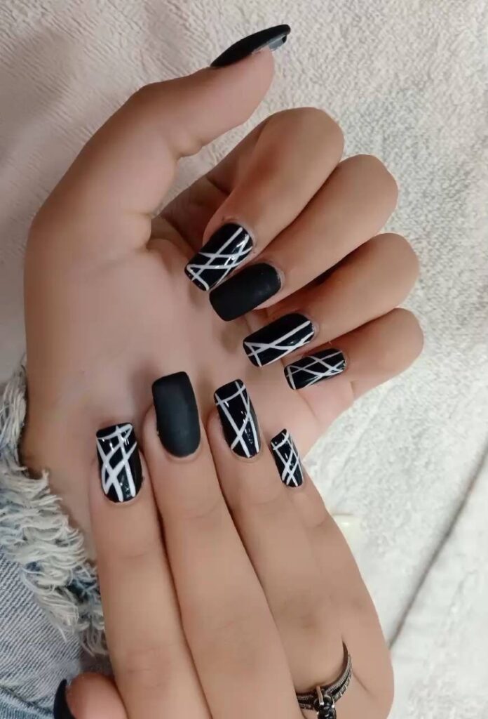 Experiment with 30 Short Square Nail Designs in 2024 38 Black And White Stripes, Short Square Nails