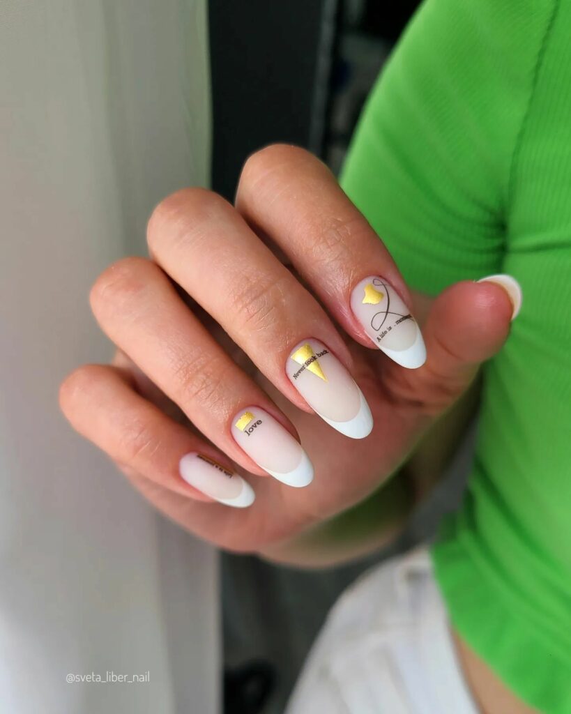 30 Latest White And Gold Nail Ideas To Try In 2024! 49 White Almond Nails With Gold Design