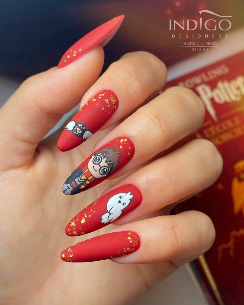 33 Latest Harry Potter Nail Ideas To Try In 2024! 30 Cute Harry Potter And Hedwig On Red Almond Nails