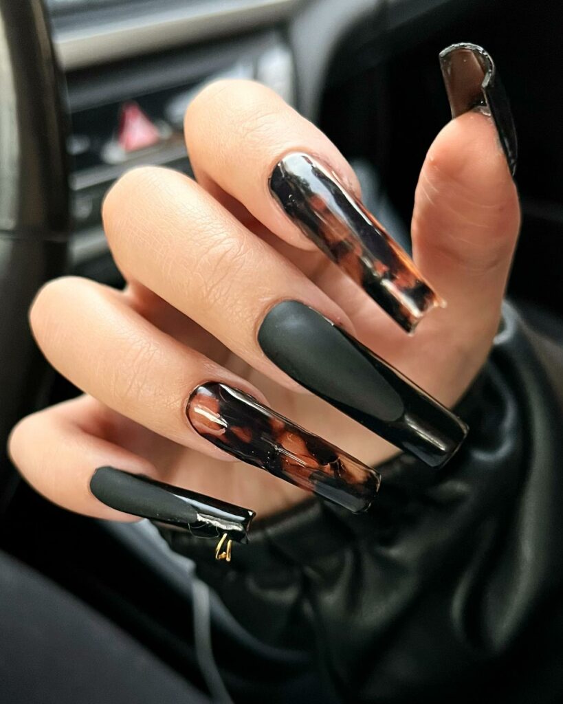 40 Latest Black Coffin Nail Designs To Try In 2024! 22 Tortoiseshell Twist