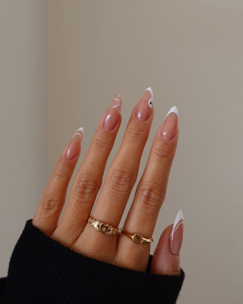 23 Latest Nude French Nail Designs To Try In 2024! 25 Nude And White French With Spider Web And Ghost Design