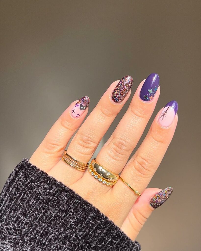 20 Latest Purple And Gold Nail Ideas To Try In 2024! 25 Dark Purple French Nails With Gold Glitter