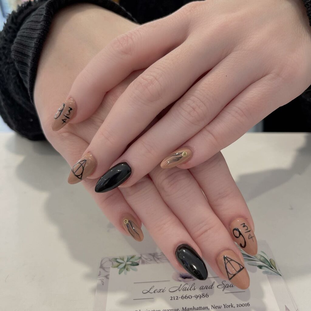 33 Latest Harry Potter Nail Ideas To Try In 2024! 31 Golden Snitch And Deathly Hollows Design On Light Brown Nails