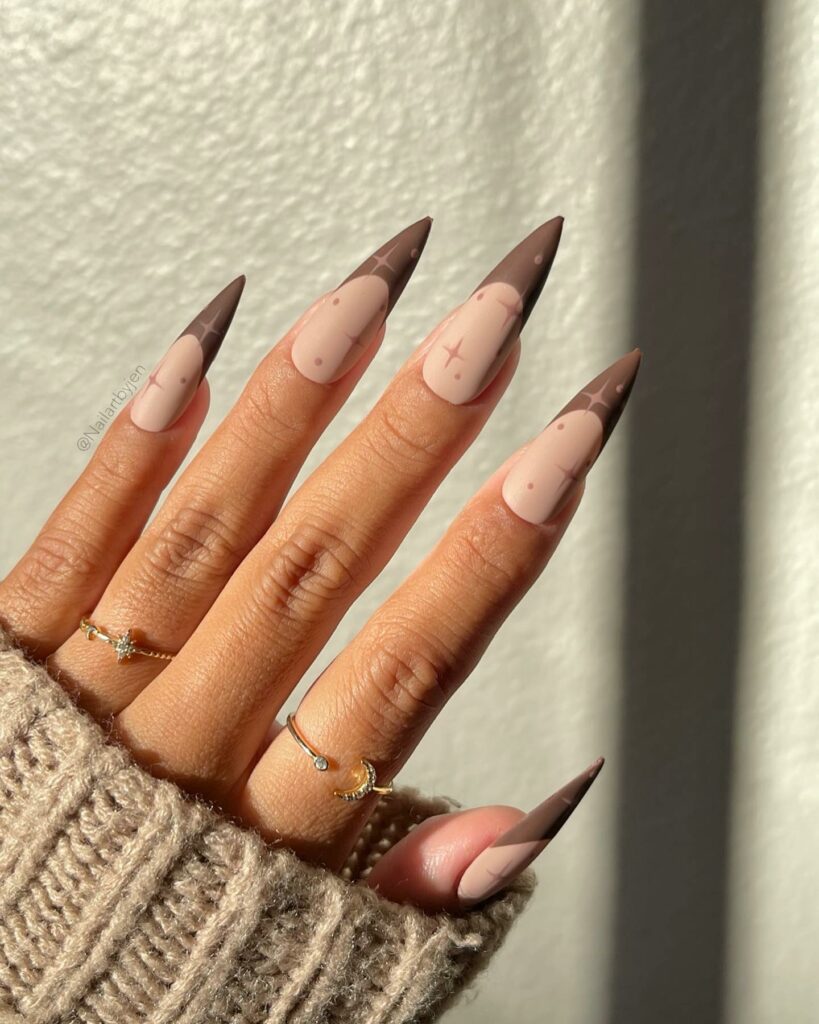 44 Latest Matte Brown Nail Ideas To Try In 2024! 14 Matte Brown Stiletto French Nails