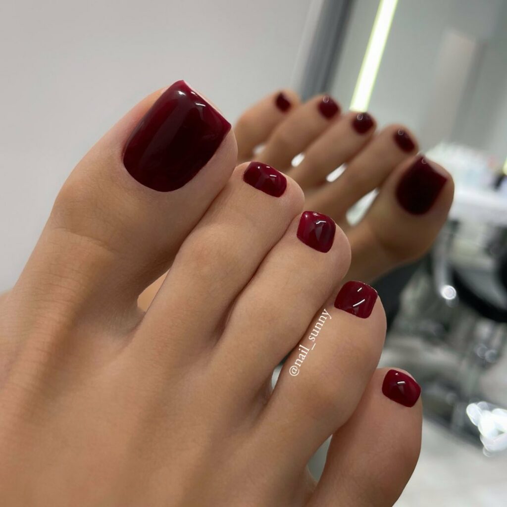 20 Latest Burgundy Pedicure Designs To Try In 2024! 13 Burgundy Semi Long Square Pedicure