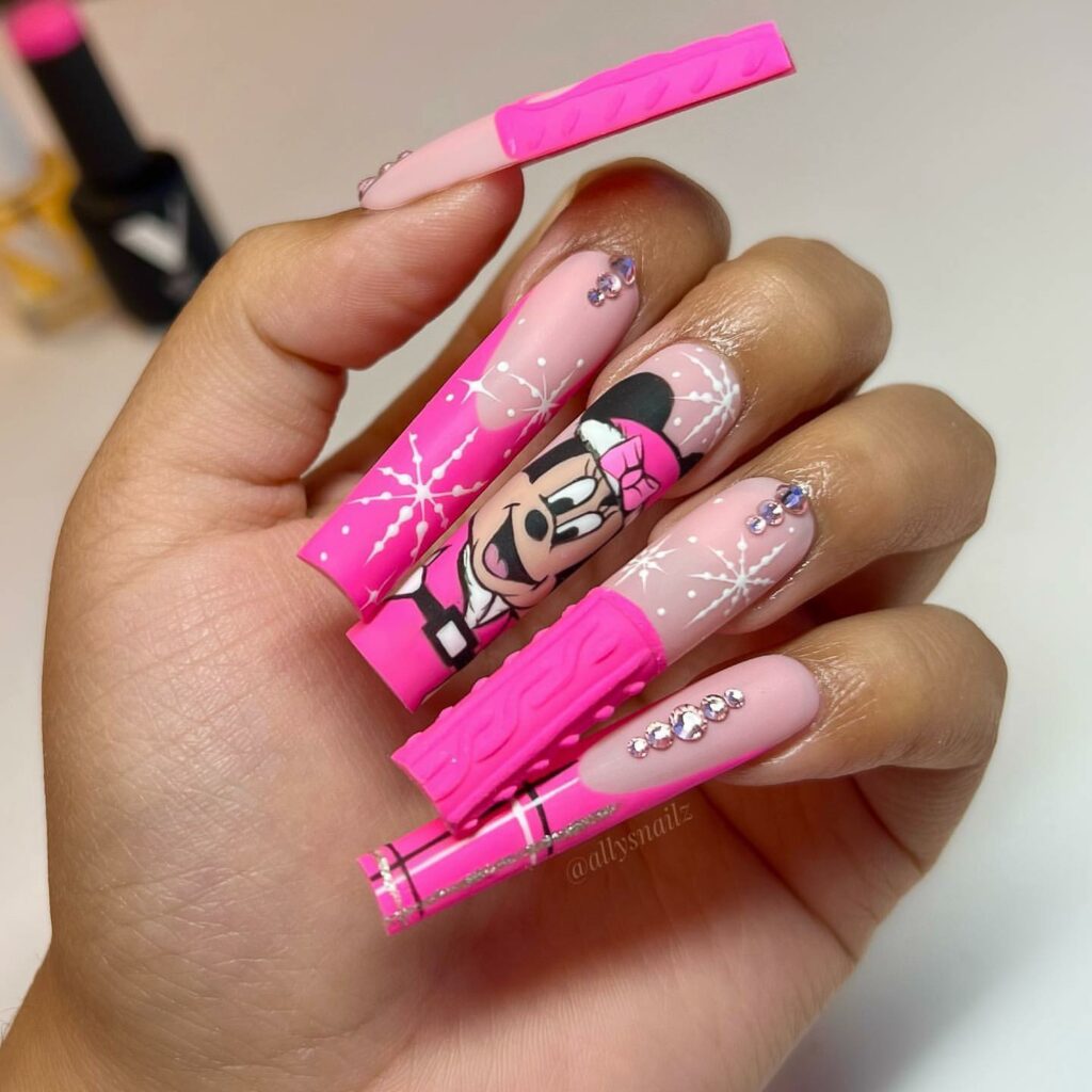 50 Latest Disney Nails Ideas To Try In 2024! 17 Minnie Mouse Pink Long Nails