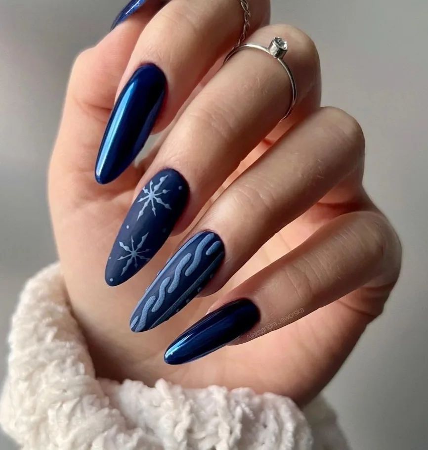 30 Latest Winter Nail Ideas To Try In 2024! 18 Matte And Metallic Dark Blue Winter Nails