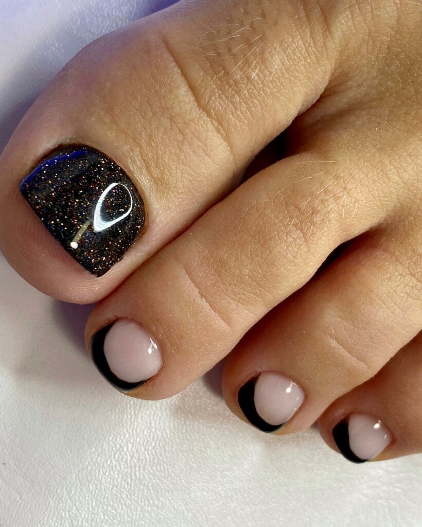 50 LATEST BLACK FRENCH PEDICURE IDEAS TO TRY IN 2024! 53 Black French With Gold Dust On Big Toe