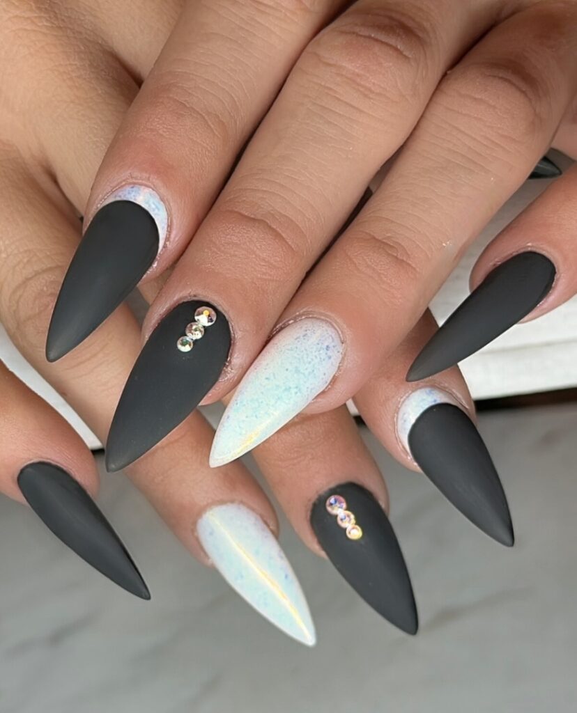 45 Latest Nails With Rhinestones Designs To Try In 2024! 23 Black and White Stilettos