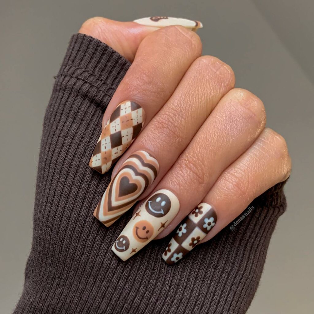 30 Latest Heart Nails Ideas To Try In 2024! 22 Heart On Matte Coffin Nails With Flower And Checkered