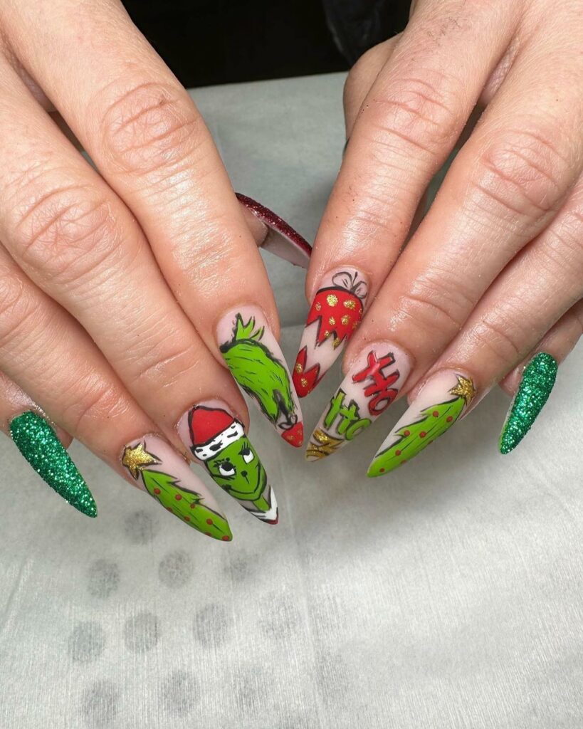 Embrace the Holiday Spirit in 2024 26 Stiletto Grinch Nails