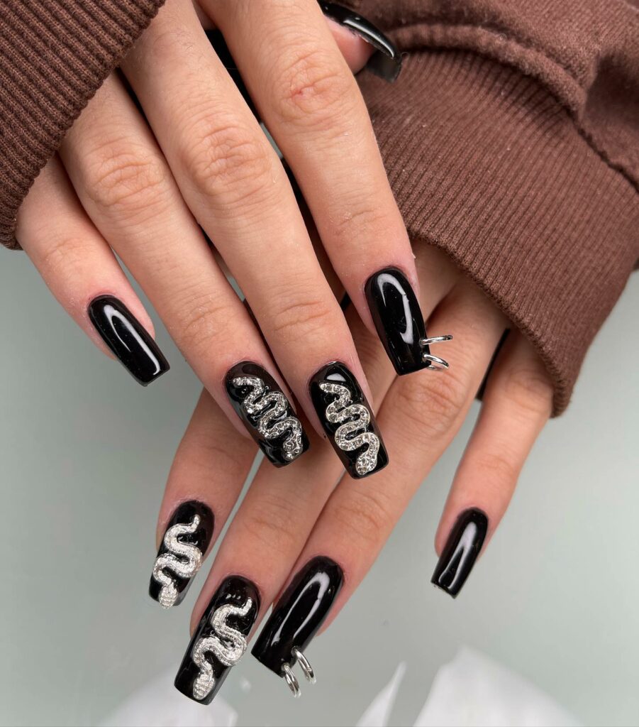 30 Latest Snake Nail Designs To Try In 2024! 18 Black Acrylic Nails With White Snake Design