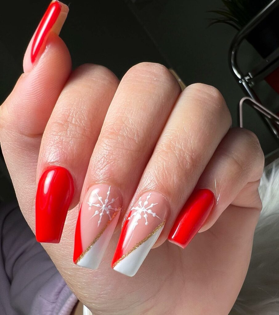 Go Bold with 40 Red Coffin Nail Designs in 2024 23 Red Coffin Nail With Snow Flakes
