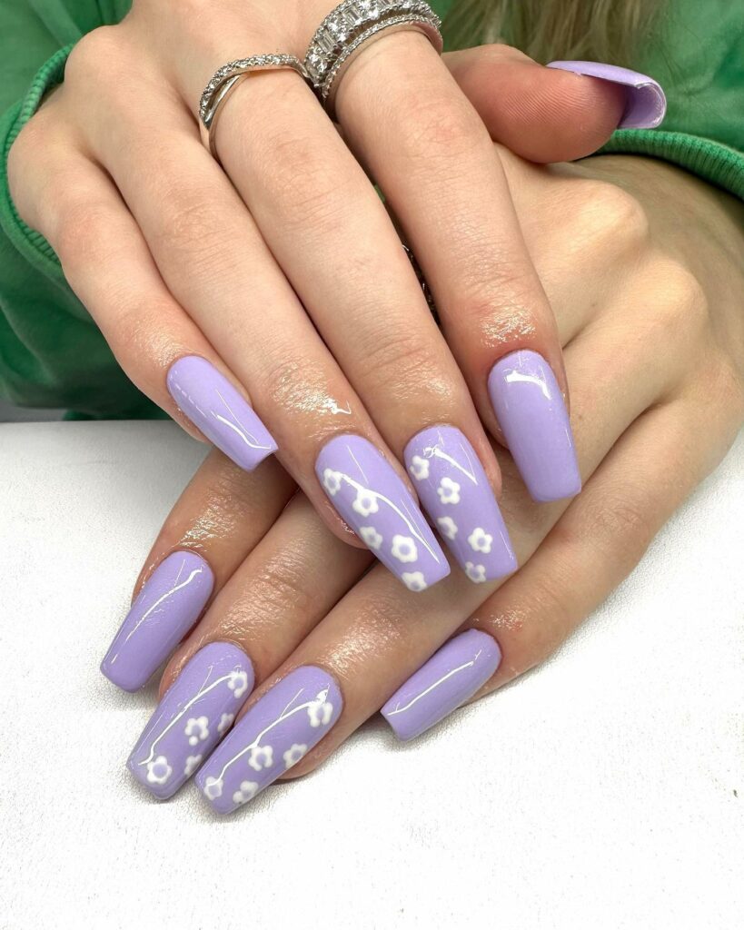 Explore 30 Purple Coffin Nail Designs in 2024 37 Purple Coffin Nail With Daisy Flower