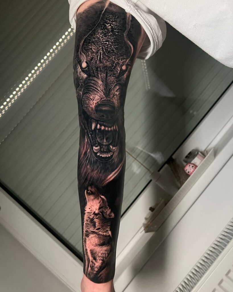10 BEST SLEEVE TATTOOS FOR WOMEN IN 2024 21 Wolf Sleeve Tattoo