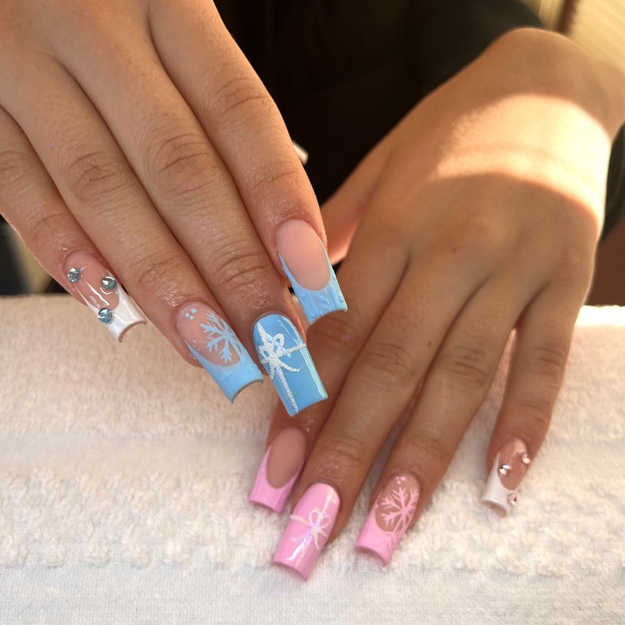 20 Latest Gender Reveal Nail Ideas To Try In 2024! 22 Gender Reveal Nails With Snow Flakes Design