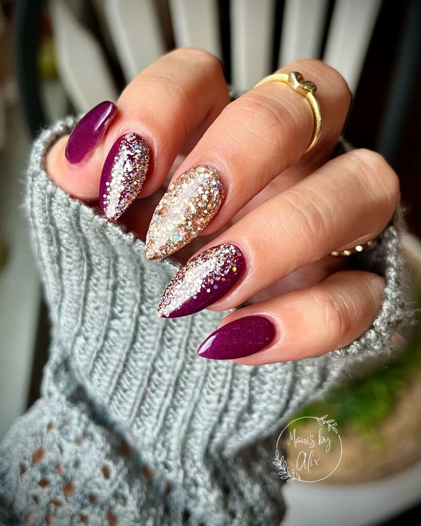 20 Latest Purple And Gold Nail Ideas To Try In 2024! 24 Dark Purple Nails With Gold Glitter