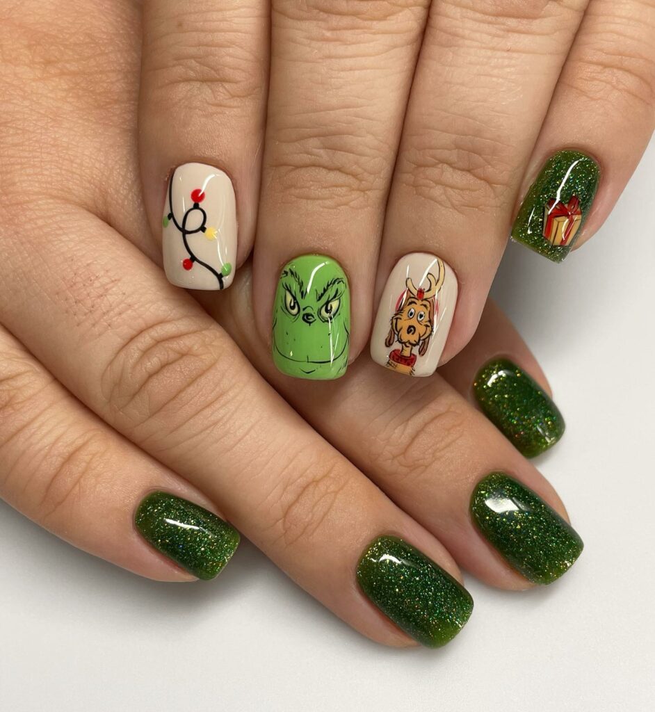 Embrace the Holiday Spirit in 2024 25 Glitter Green Grinch Nails