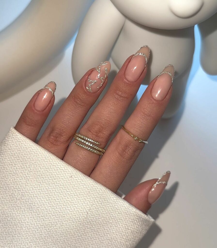 33 Latest Party Nail Ideas To Try In 2024! 32 Nude Party Nails With French Glitter