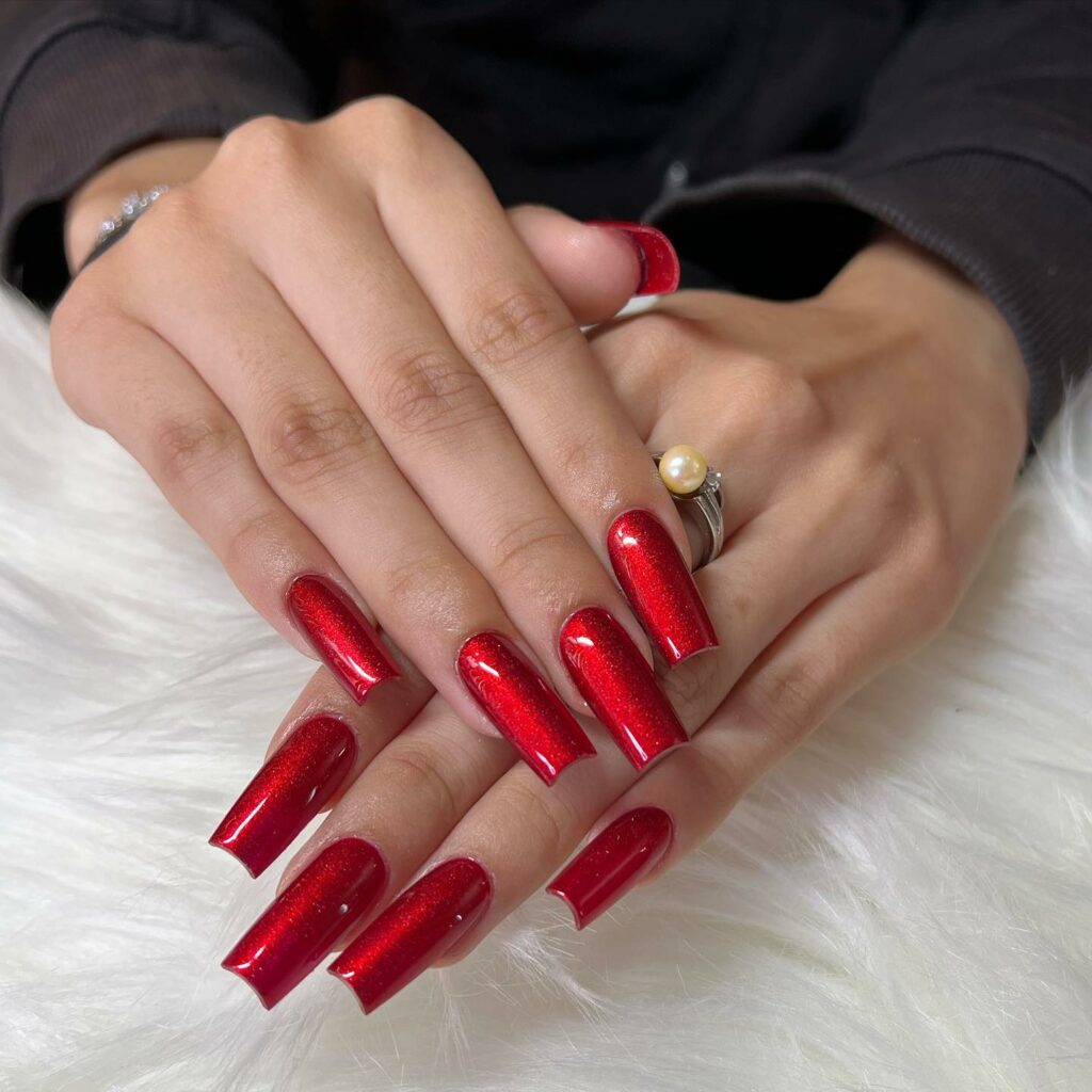 35 Latest Medium Square Nail Ideas To Try In 2024! 22 Metallic Red Medium Square Nails