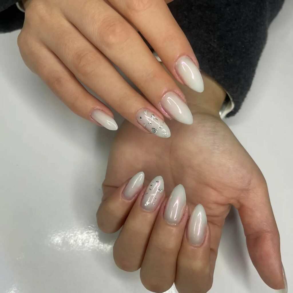 Glow with 20 Pearl White Nail Designs in 2024 29 White Pearl Nails With Silver Foils