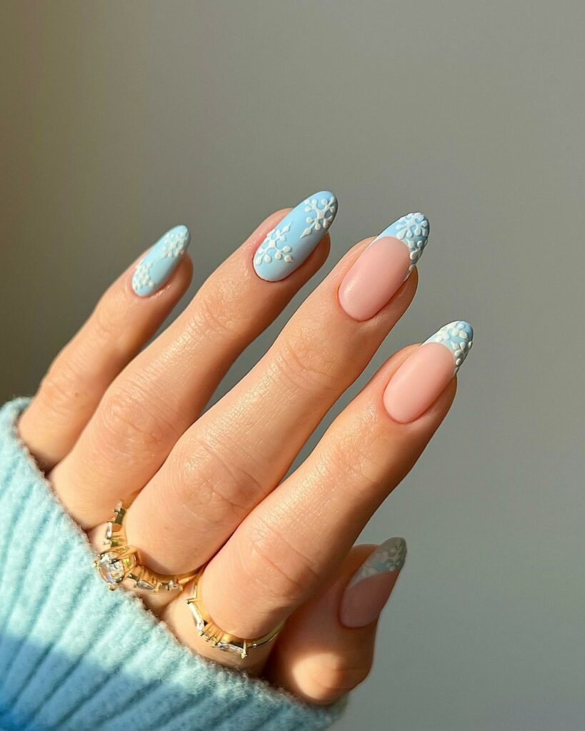20 Latest Blue Almond Nails Ideas To Try In 2024! 23 Matte Light Blue Almond Nails With 3D Design