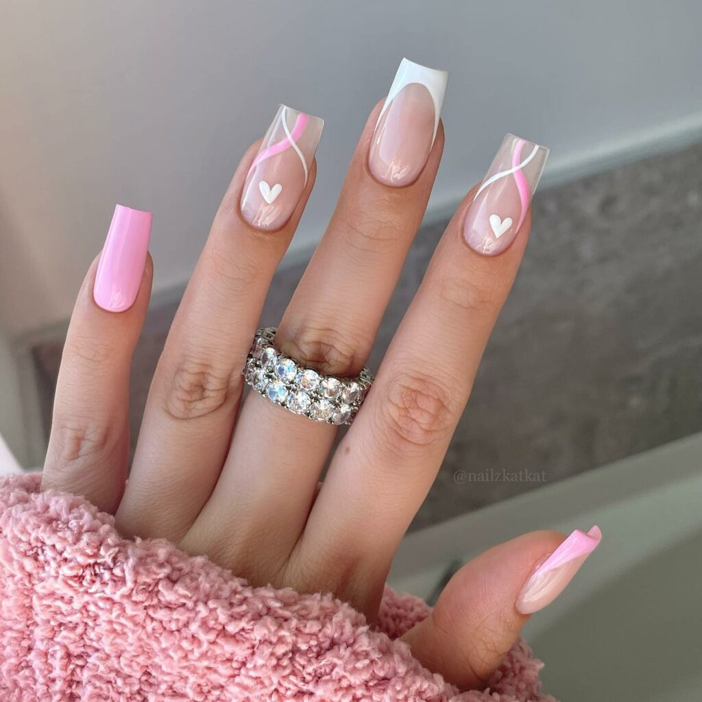 35 Latest Medium Square Nail Ideas To Try In 2024! 15 Pink And White Square Nails With Swirl Design