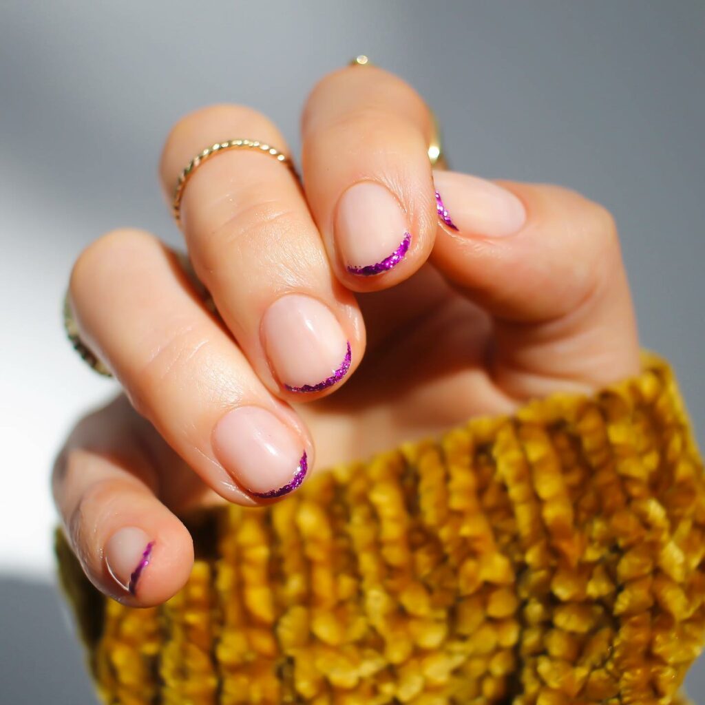 20 Latest Thin French Tip Nail Designs To Try In 2024! 13 Thin Purple Glitter French Tip Nails