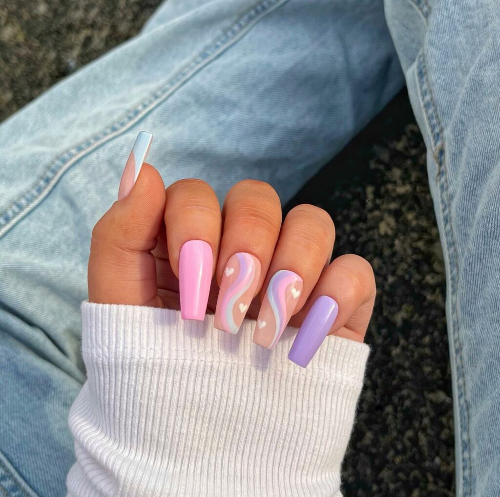 30 Latest Pink And Purple Nail Designs To Try In 2024! 20 Pink And Purple Coffin Nails With Swirls