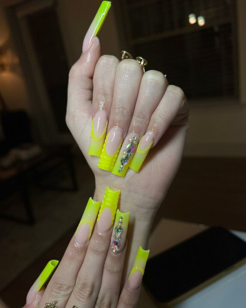 20 Latest Yellow Ombre Nail Ideas To Try In 2024! 22 Long Yellow Acrylic Ombre Nails With Rhinestones
