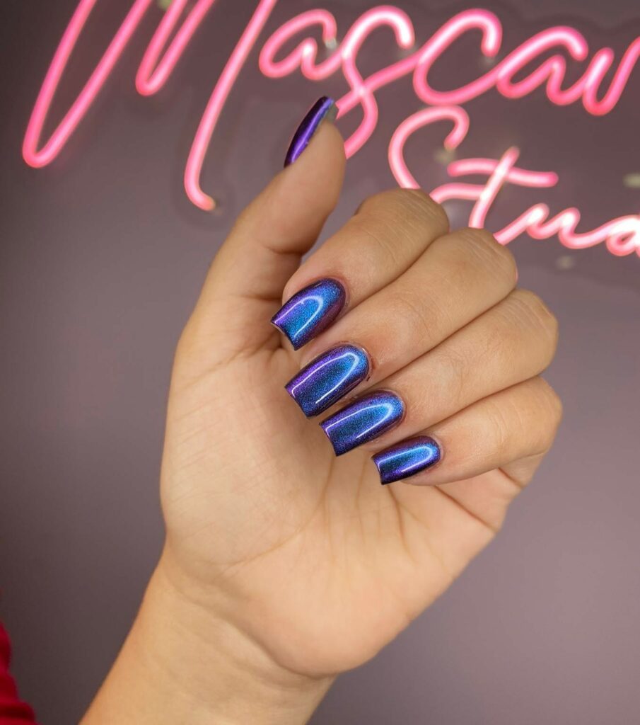 22 Latest Blue Chrome Nail Ideas To Try In 2024! 19 Metallic Purple Square Nails