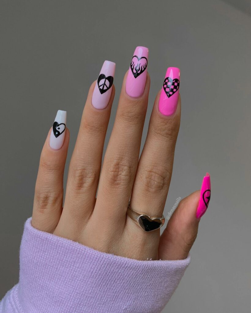 30 Latest Heart Nails Ideas To Try In 2024! 28 Heart Design On Pink Series Ombre Coffin Nails