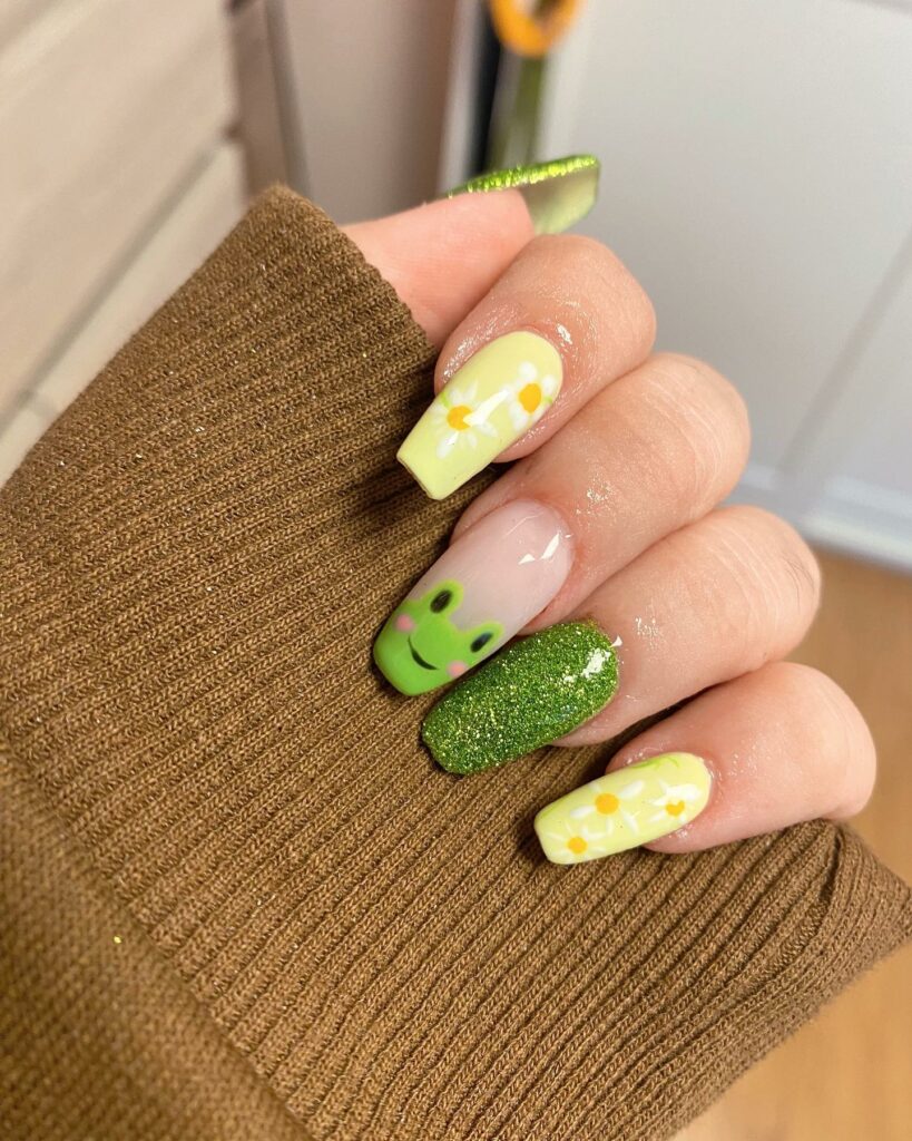 Hop into Fun with 20 Frog Nail Designs in 2024 21 Frog Nails With Flowers And Glitters