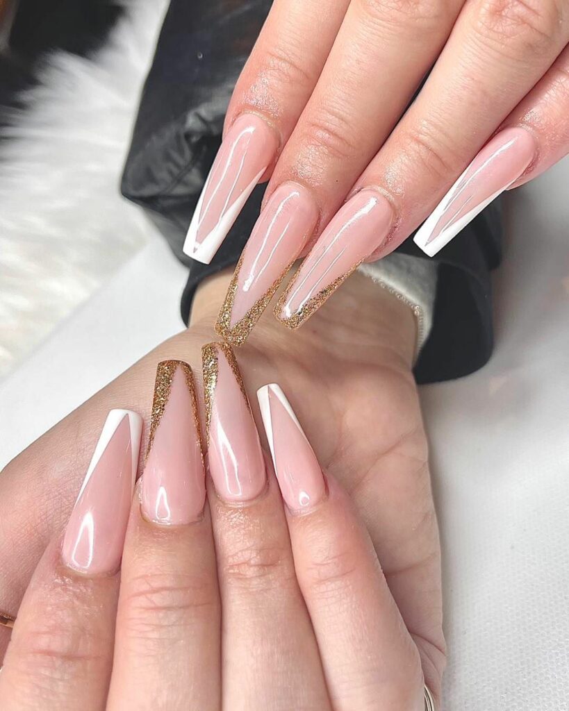 55 Latest Gold French Tip Nail Ideas To Try In 2024! 42 White and Gold Glitter V-Cut French Tip Nails