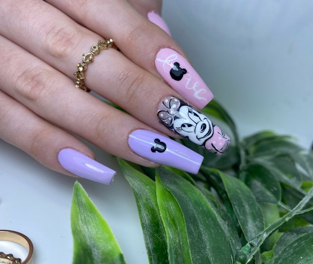 Embrace Childhood with 30 Minnie Mouse Nail Designs in 2024 34 Minnie Mouse Pink And Purple Coffin Nails