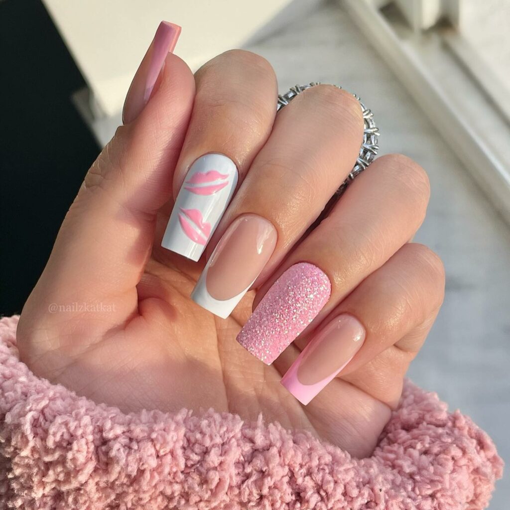 35 Latest Medium Square Nail Ideas To Try In 2024! 28 Pink And White Medium Square French Nails With Glitter